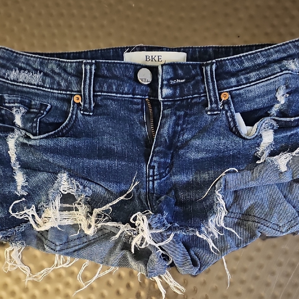 BKE Women's Ripped Dark Blue Jean Shorts